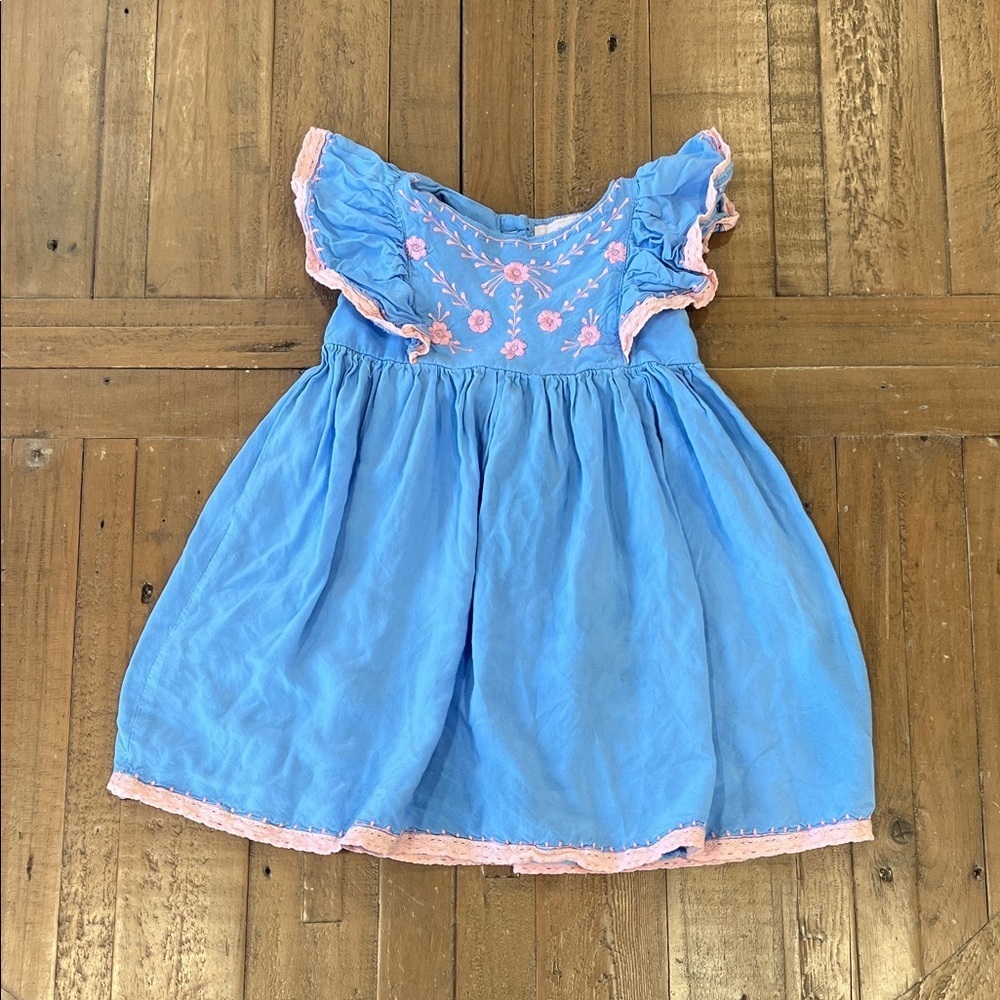 Bela & nuni pink floral embroidered flutter sleeve blue dress 3T